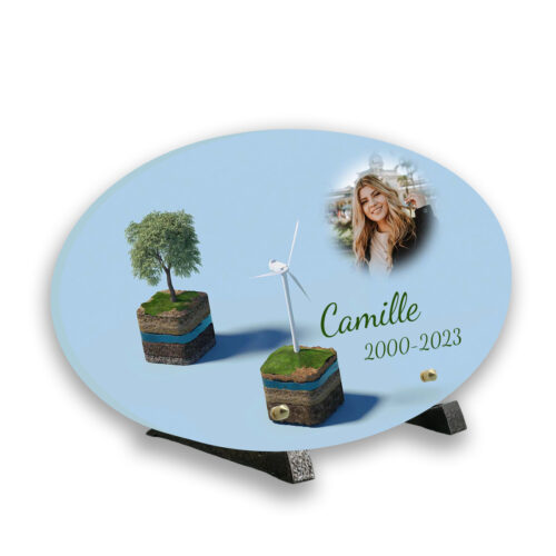 Plaque funéraire personnalisée thème Ecologie-durabilité pieds en bronze avec texte et photo