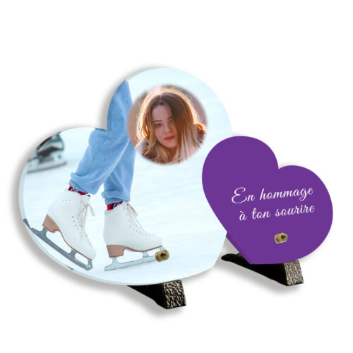 Plaque funéraire photo thème patinage avec support pieds