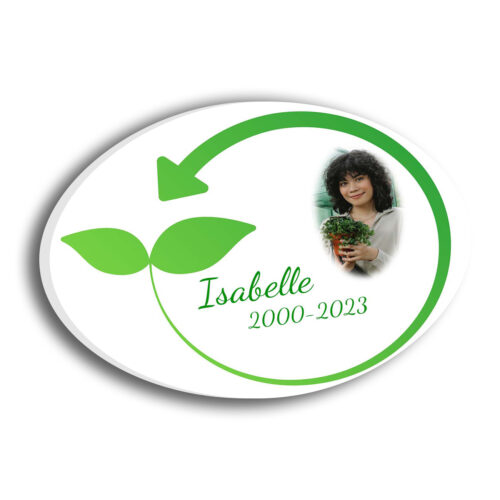 Plaque funéraire personnalisée thème Ecologie-durabilité sans pieds avec texte et photo
